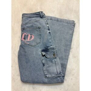 Juicy Couture Light Wash Wide Leg Cargo Jeans Pink Logo Size 9/29